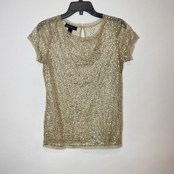 INC International Concepts Womens Sequins Mesh Blouse Gold M Short Sleeve - Picture 1 of 6